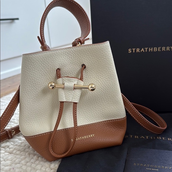 Strathberry Cream and Brown Leather Bucket Bag - Picture 1 of 9